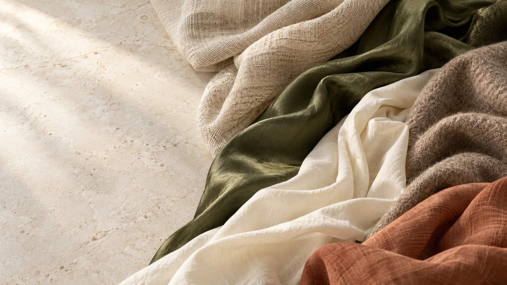 Layers of linen, cotton, silk and wool in warm natural colors