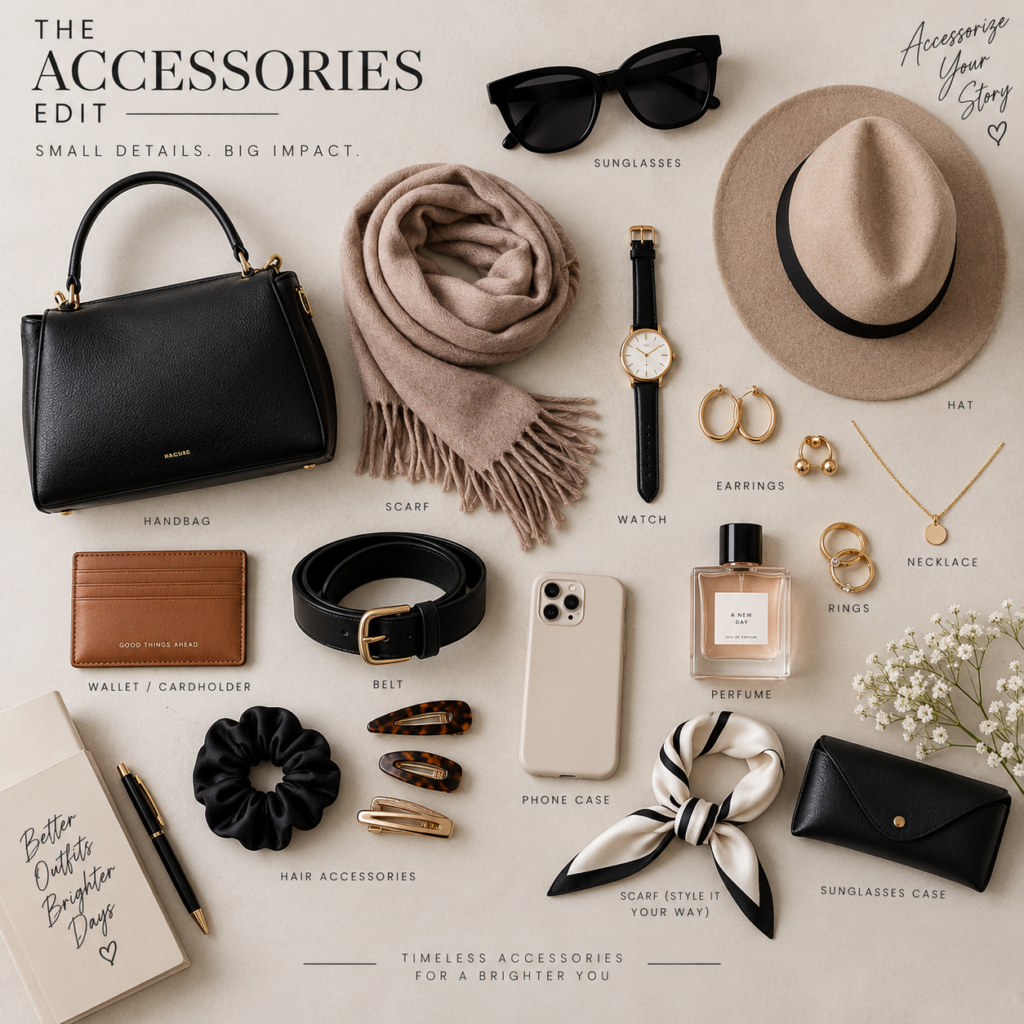 handbag and accessories flat lay 2026
